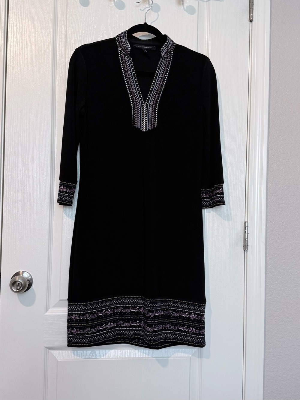White House Black Market Long-Sleeve Embroidered V-Neck Dress